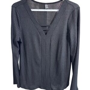 Ebizza Womens Ribbed V-Neck Long Sleeve Top Black Strappy Detail Size L 8/10